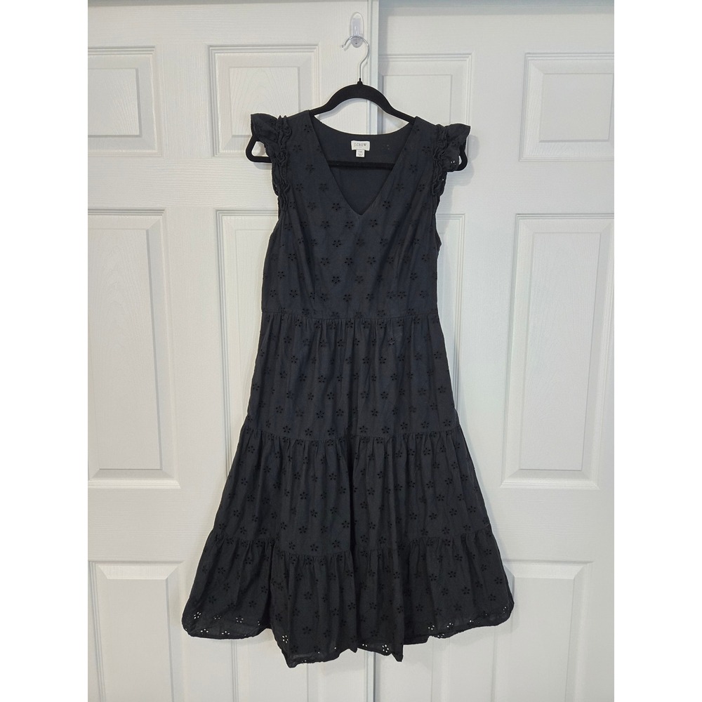 J.Crew Womens Black Cotton Eyelet Tiered Midi Dress Ruffle V-Neck Size 10